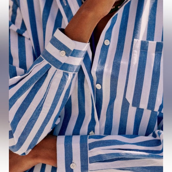 Sezane Maxine Shirt Dress Blue/White Stripe Sz Large Nautical Beachy - Picture 6 of 14